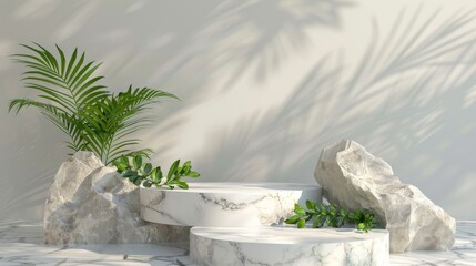 White marble podiums with green leaves and sunlight and shadows on the background.