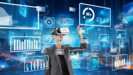 Woman selecting big data dynamic market percentage analysis graph by VR future global innovation interface digital infographic network technology visual hologram animation at server room. Contraption.