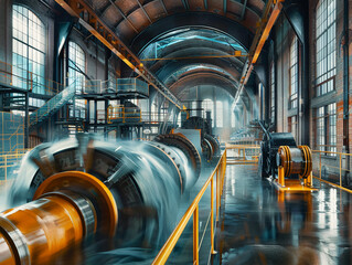Dynamic interior shot of a water turbine hall, focusing on the mechanical and electrical components...