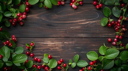 Dark wooden background bordered by vibrant red berries and green leaves, ideal for healthy food themes.