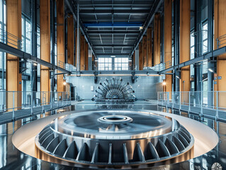 Dynamic interior shot of a water turbine hall, focusing on the mechanical and electrical components...