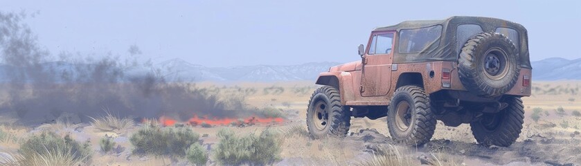 Vehicle with large tire navigating desert terrain near flames
