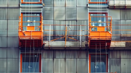 Construction Lifts on Building Facade, Ideal for companies specializing in building restoration and renovation. The background can depict construction lifts ascending along the facade of a building.