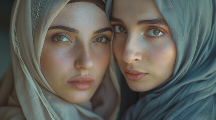 Closeup of two Muslim women in hijab, heads inclined towards each other 8K , high-resolution, ultra HD,up32K HD