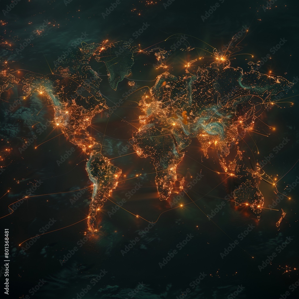 Poster a world map with glowing lines connecting major cities, symbolizing the flow of information and trav