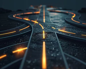 Dynamic visual of a road splitting into multiple paths, with one illuminated path symbolizing the right way to success © Milagro