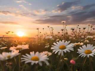 Naklejka premium field of daisies and sunset