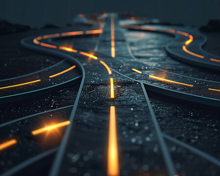 Dynamic visual of a road splitting into multiple paths, with one illuminated path symbolizing the right way to success
