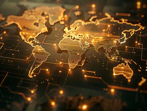 A world map comprised of interlocking puzzle pieces, glowing with data streams, representing a global blockchain network. 