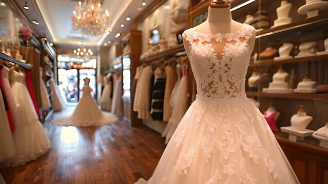 This Chic elegance: A plethora of white dresses grace the room, offering a luxurious shopping experience.