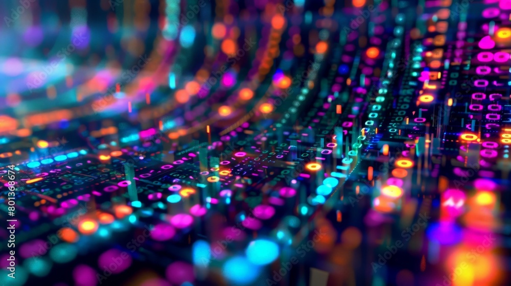 Poster an abstract composition of flowing binary code trails, resembling colorful ribbons against a dark, r