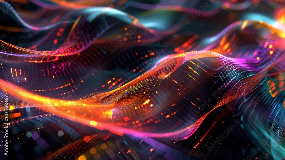 Poster an abstract composition of flowing binary code trails, resembling colorful ribbons against a dark, r