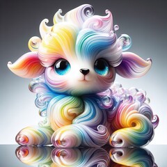 A stunning blown glass sculpture of a playful, fluffy lamb with seamlessly blended rainbow colors swirling through its fur