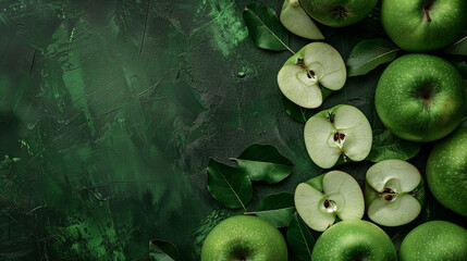 Green Apples and Leaves on Textured Dark Green Background with Copy Space