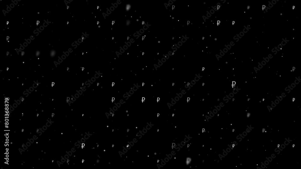 Poster template animation of evenly spaced ruble symbols of different sizes and opacity. animation of trans