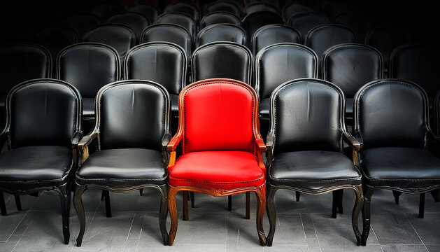 Closeup of one empty red armchair among the other black armchairs. Standing out from the crowd, thinking outside the box, leadership and individuality concept. Generative Ai.