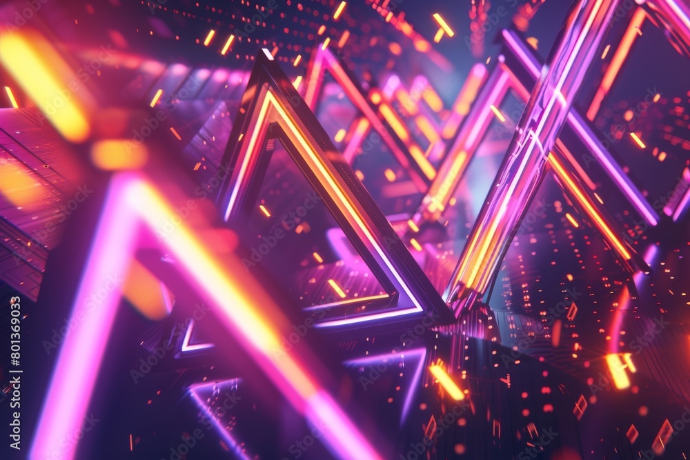 Poster geometric shapes like diamonds and arrows rendered in glowing neon lines, all slanted at sharp angle
