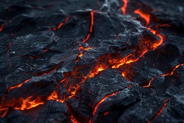 Jagged black volcanic rocks with glowing red cracks and fissures, spewing wisps of smoke 