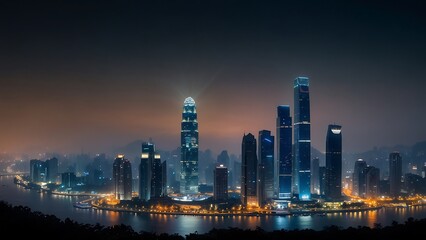 Shanghai city skyline at night with fog and lights, China.