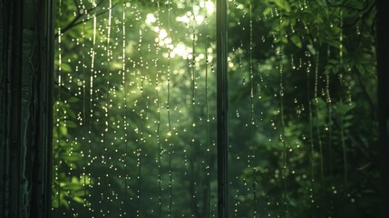 Raindrops trickling down a window pane, blurring the view of a lush green forest outside a cozy cabin 