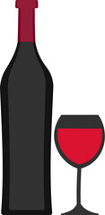 Flat cartoon delicious French bottle of red wine and wine glass icon