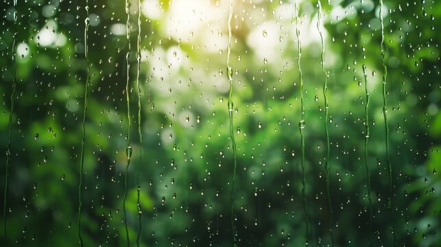 Raindrops trickling down a window pane, blurring the view of a lush green forest outside a cozy cabin 