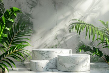 White marble podiums with tropical leaves.