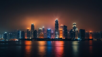 Shanghai city skyline at night with fog and lights, China.