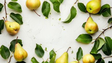 Fresh ripe pears with leaves spread on a textured white background, bright natural colors.