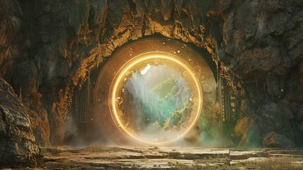 Imaginative portrayal of a portal within a stone arch in a mountain cave, featuring magical symbols and a rainbow glow—suggesting a gateway to alien realms. 3D Render
