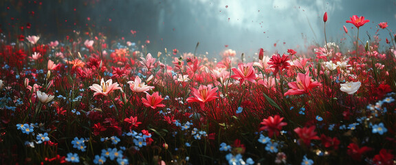 Fantastic red vegetation. Misty vegetation landscape. Red white and blue flowers. Selective focus. AI generated