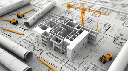 Various construction plans, blueprints, and schematics, providing insight into intricate project details and planning processes.  construction companies and design bureaus, Generative AI.