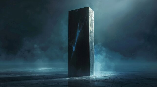 A black monolith with a smooth, reflective surface that emits a mysterious blue glow, hinting at alien technology 