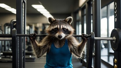 Raccoon doing exercises in the gym. Healthy lifestyle concept. - obrazy, fototapety, plakaty