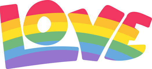 Rainbow love inscription in rainbow stripped colors. LGBT party icon for design of card or invitation. Multicolored vector symbol isolated on white background