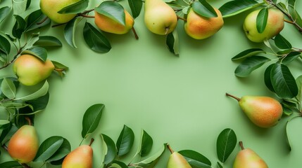 Fresh pears with leaves arranged on a green background with ample copy space for text.