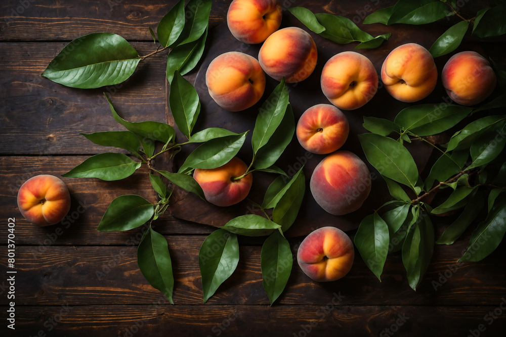 Wall mural peach background ai generated. peach fruit with leaves top view. peaches on dark wooden background.  - Wall murals