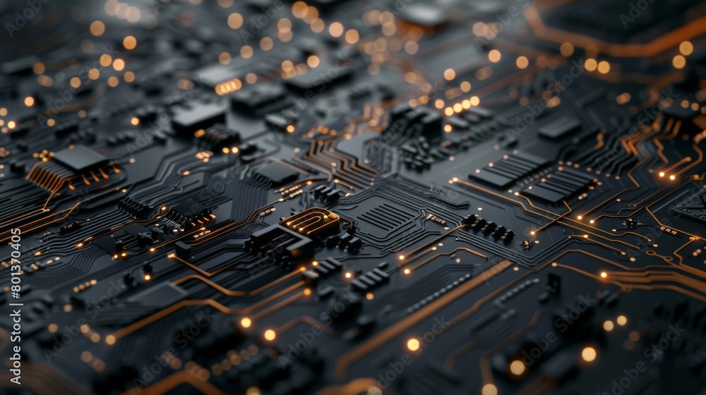 Poster a closeup of a computer chip, revealing the intricate network of tiny circuits and connections etche
