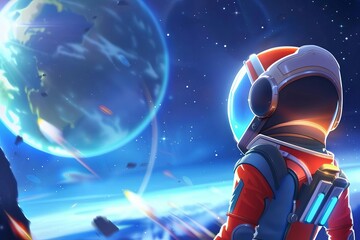 An astronaut in a red spacesuit looks out at a beautiful blue planet