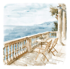 Seaside balcony view with chairs and table