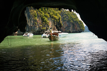 PANYEE ISLAND, THAILAND August 23, 2023, natural cave at Panak island, Phang Nga Bay, Thailand. This was on a hot sunny afternoon during the wet season.