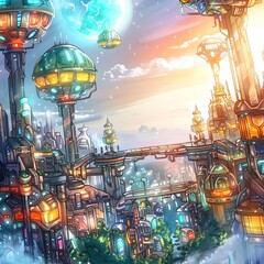 A beautiful painting of a futuristic city with a blue moon and airships flying around