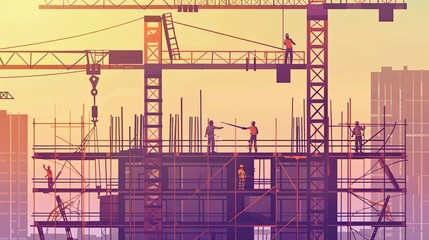 Construction Workers at Height, Ideal for companies specializing in high-rise construction and tower crane installation. construction workers at height, working on scaffolding or platforms.
