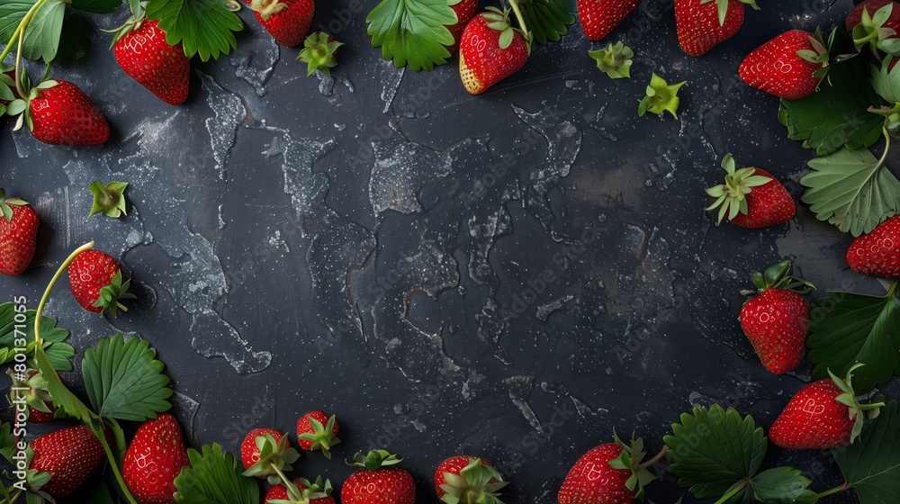 Poster Fresh strawberries with leaves scattered on a wet, dark slate background creating a vibrant scene.