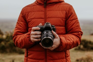 Photographer holding camera, nature photography