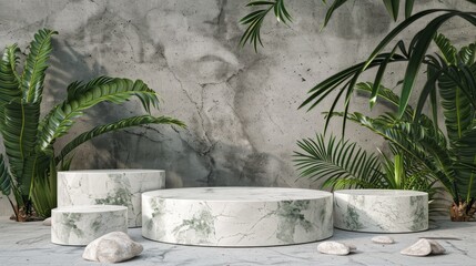 A marble podium with tropical leaves and rocks on a gray background.