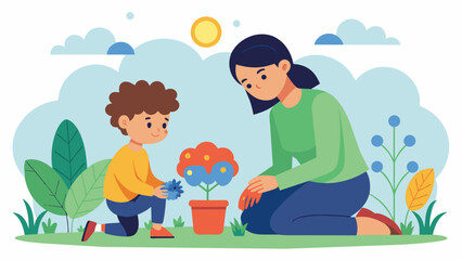 A mother and her neurodivergent son working together in a garden using the activity as a form of theutic bonding and an opportunity to teach patience. Vector illustration