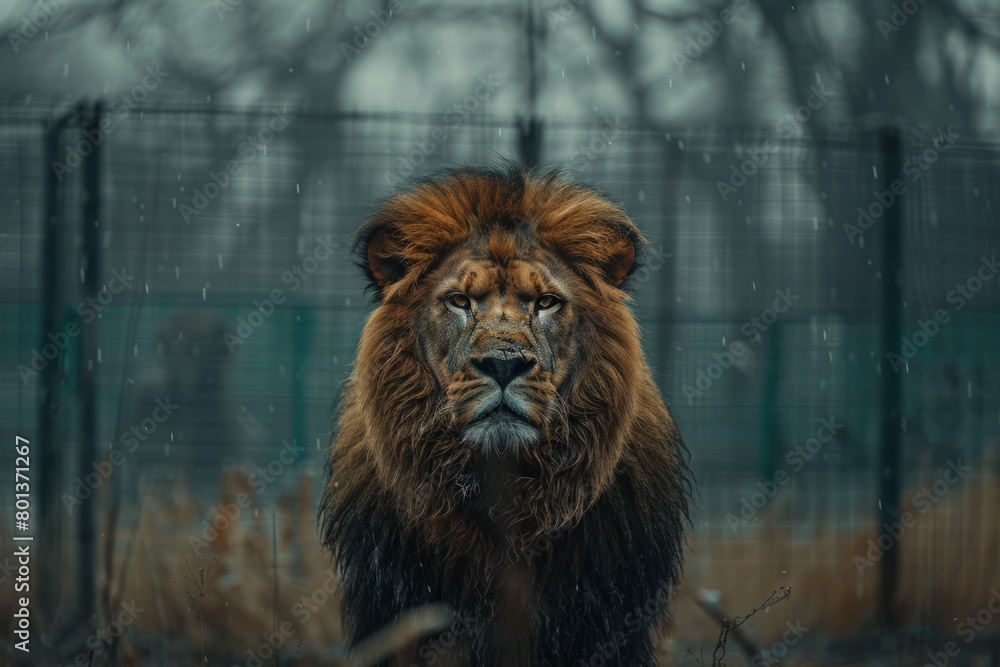 Poster a powerful image of a majestic lion pacing restlessly back and forth in a confined enclosure, with a