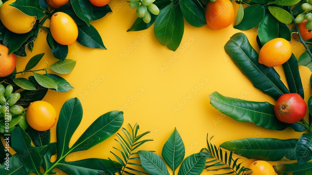 Sticker Vibrant flat lay of assorted citrus fruits with leaves spread on a yellow background.