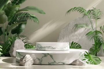 White marble podium with green leaves and rocks